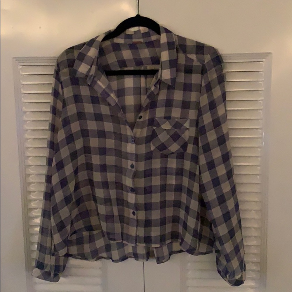 Blue & White Sheer Free People Plaid Top